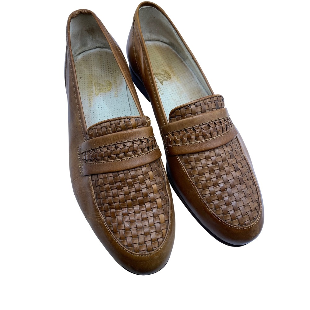 Vintage 80s Neiman Marcus Mens Woven Leather Penny Loafers Tan Italy‎ Sz 9.5
